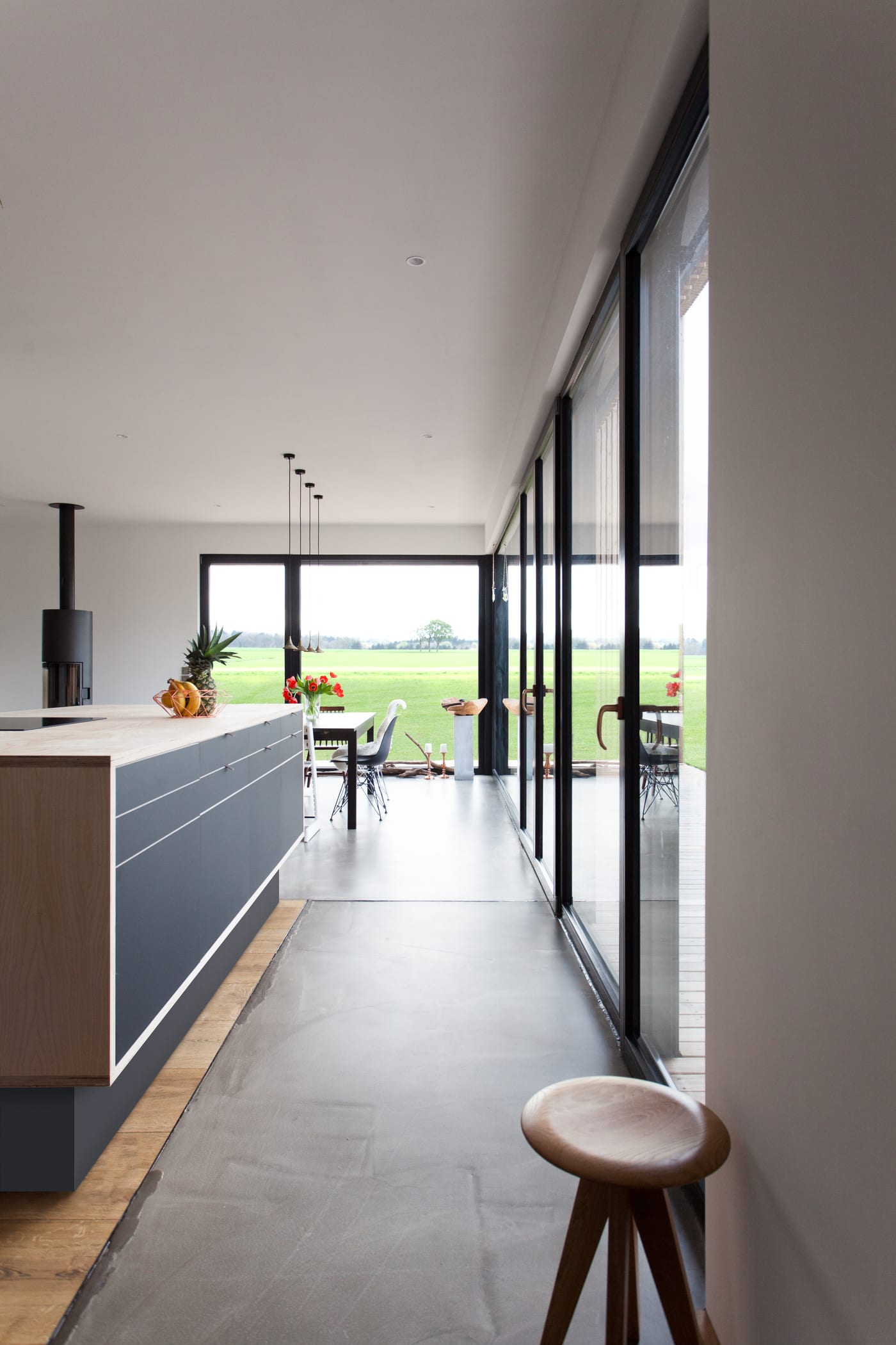 Floor-to-ceiling black-framed balcony doors opening onto a green field